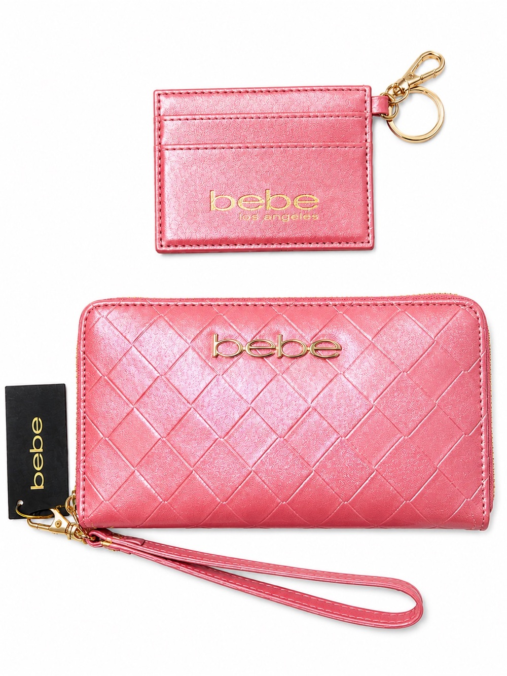 bebe Pastel Metallic Red Jenna Quilted Zip Wristlet Wallet with Card Holder